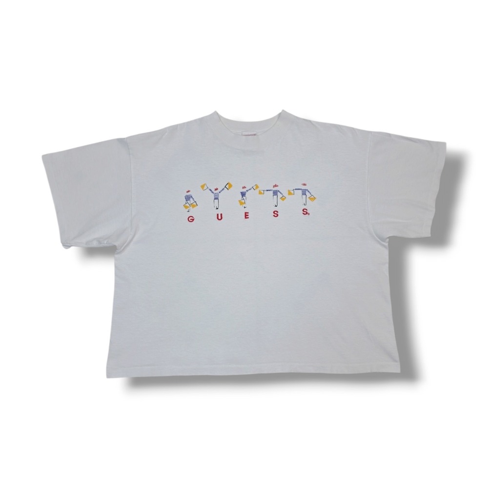 Vintage Guess Spell Out Embroidered USA Made White T-Shirt Women's L Oversize